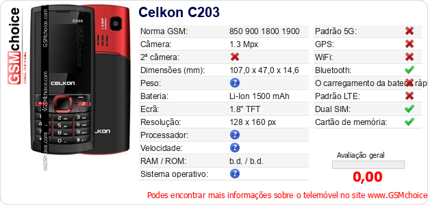 Celkon C203 Especificações técnicas do telemóvel 