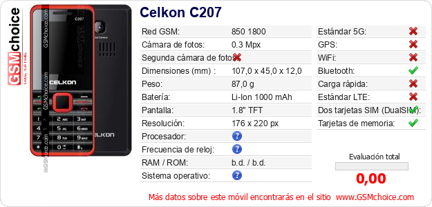 Celkon C207 Datos técnicos del móvil Celkon C207 Datos técnicos del móvil