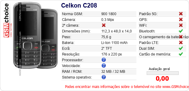 Celkon C208 Especificações técnicas do telemóvel 