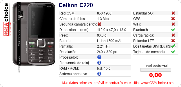 Celkon C220 Datos técnicos del móvil Celkon C220 Datos técnicos del móvil