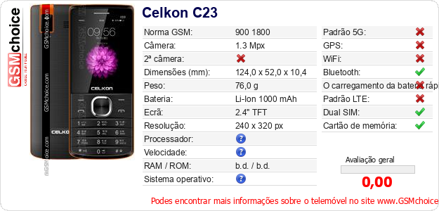 Celkon C23 Especificações técnicas do telemóvel 