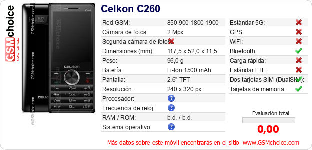 Celkon C260 Datos técnicos del móvil Celkon C260 Datos técnicos del móvil