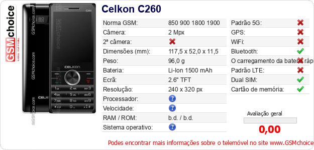 Celkon C260 Especificações técnicas do telemóvel Celkon C260 Especificações técnicas do telemóvel