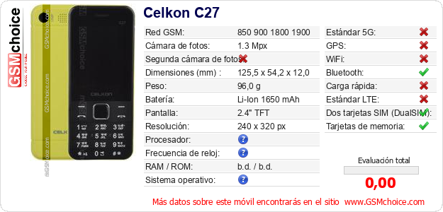 Celkon C27 Datos técnicos del móvil 