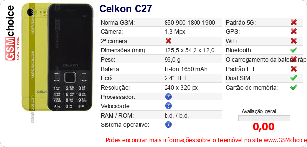 Celkon C27 Especificações técnicas do telemóvel 