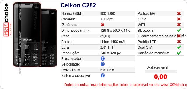 Celkon C282 Especificações técnicas do telemóvel Celkon C282 Especificações técnicas do telemóvel