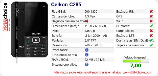 Celkon C285 Datos técnicos del móvil Celkon C285 Datos técnicos del móvil