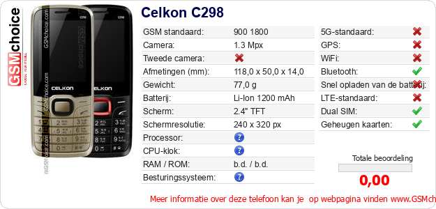 Celkon C298 Technische gegevens Celkon C298 Technische gegevens