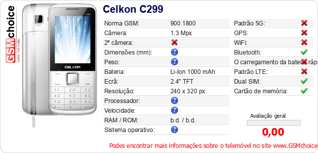 Celkon C299 Especificações técnicas do telemóvel Celkon C299 Especificações técnicas do telemóvel
