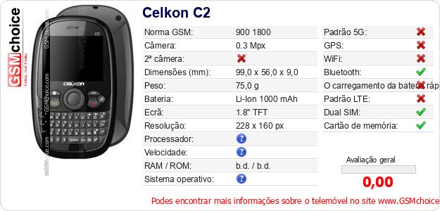 Celkon C2 Especificações técnicas do telemóvel Celkon C2 Especificações técnicas do telemóvel