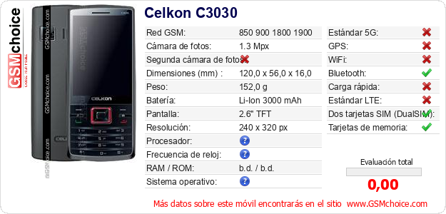 Celkon C3030 Datos técnicos del móvil Celkon C3030 Datos técnicos del móvil