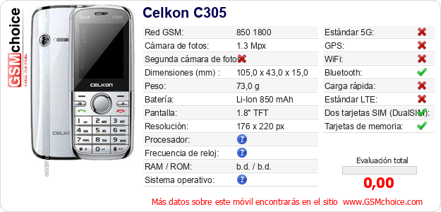 Celkon C305 Datos técnicos del móvil Celkon C305 Datos técnicos del móvil