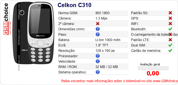 Celkon C310 Especificações técnicas do telemóvel Celkon C310 Especificações técnicas do telemóvel