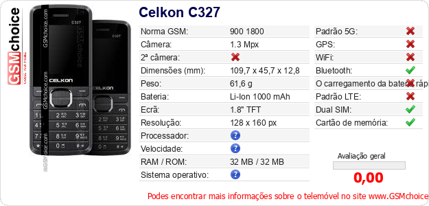 Celkon C327 Especificações técnicas do telemóvel Celkon C327 Especificações técnicas do telemóvel
