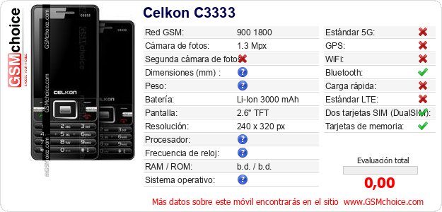 Celkon C3333 Datos técnicos del móvil Celkon C3333 Datos técnicos del móvil
