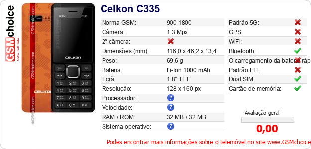 Celkon C335 Especificações técnicas do telemóvel Celkon C335 Especificações técnicas do telemóvel