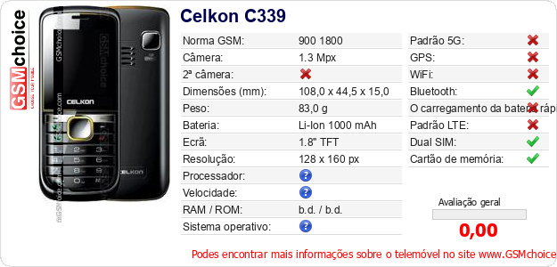 Celkon C339 Especificações técnicas do telemóvel Celkon C339 Especificações técnicas do telemóvel