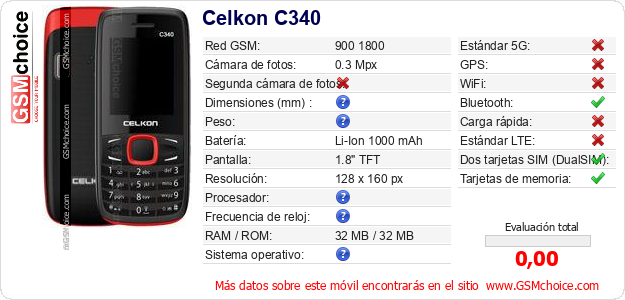 Celkon C340 Datos técnicos del móvil Celkon C340 Datos técnicos del móvil