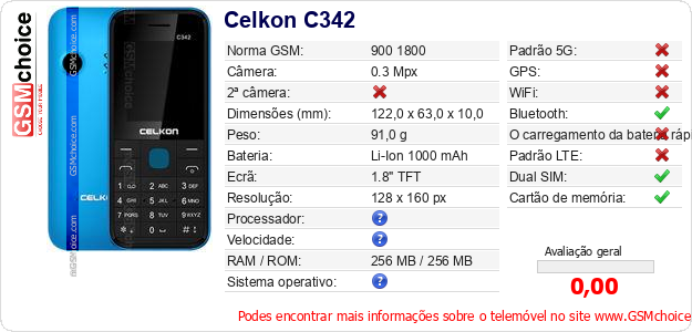 Celkon C342 Especificações técnicas do telemóvel Celkon C342 Especificações técnicas do telemóvel