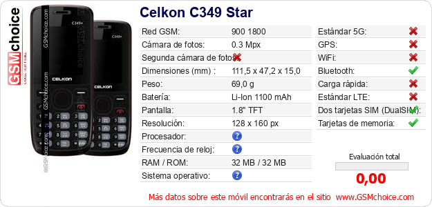Celkon C349 Star Datos técnicos del móvil Celkon C349 Star Datos técnicos del móvil