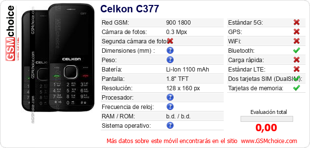 Celkon C377 Datos técnicos del móvil 
