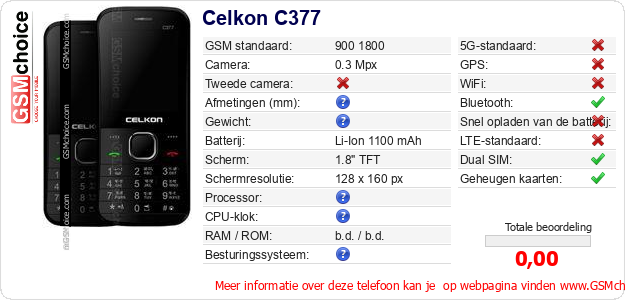 Celkon C377 Technische gegevens Celkon C377 Technische gegevens