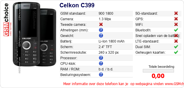 Celkon C399 Technische gegevens Celkon C399 Technische gegevens