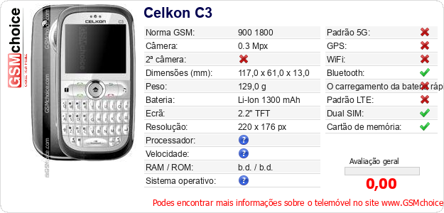 Celkon C3 Especificações técnicas do telemóvel 