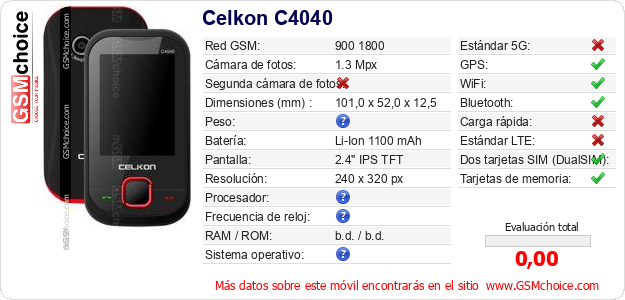 Celkon C4040 Datos técnicos del móvil 