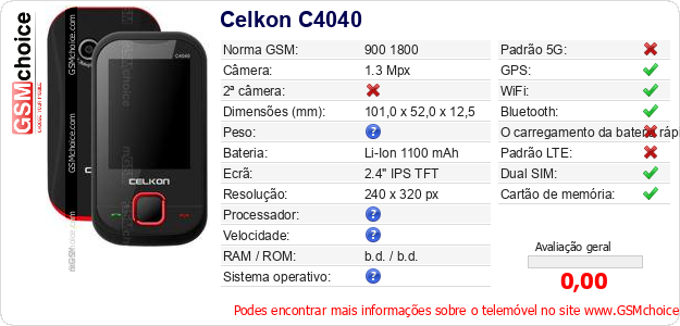 Celkon C4040 Especificações técnicas do telemóvel Celkon C4040 Especificações técnicas do telemóvel