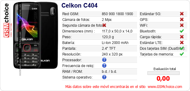 Celkon C404 Datos técnicos del móvil Celkon C404 Datos técnicos del móvil