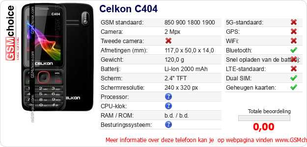 Celkon C404 Technische gegevens Celkon C404 Technische gegevens