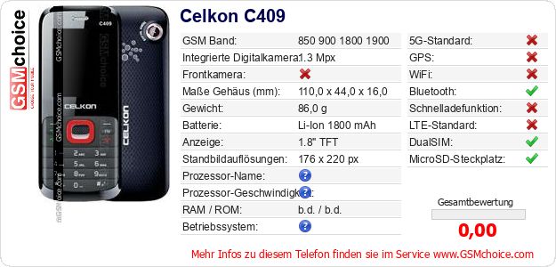 Celkon C409 technische Daten Celkon C409 technische Daten
