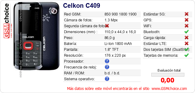 Celkon C409 Datos técnicos del móvil Celkon C409 Datos técnicos del móvil