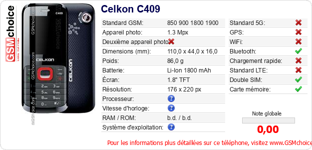 Celkon C409 Fiche technique