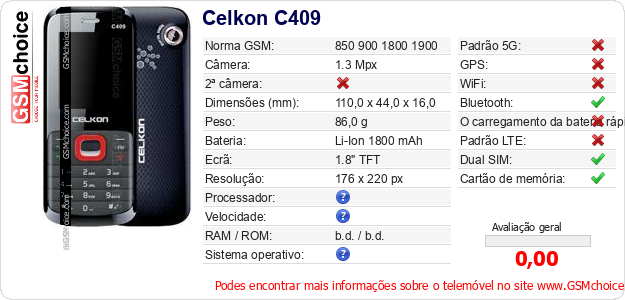 Celkon C409 Especificações técnicas do telemóvel 
