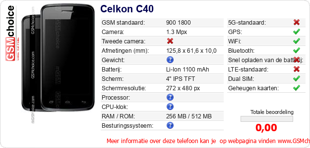 Celkon C40 Technische gegevens Celkon C40 Technische gegevens