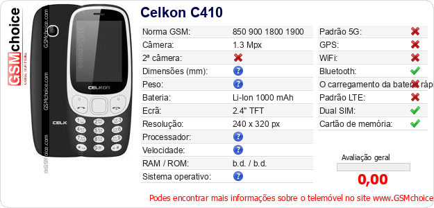 Celkon C410 Especificações técnicas do telemóvel 