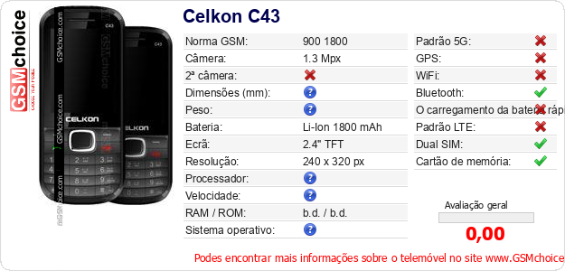Celkon C43 Especificações técnicas do telemóvel Celkon C43 Especificações técnicas do telemóvel