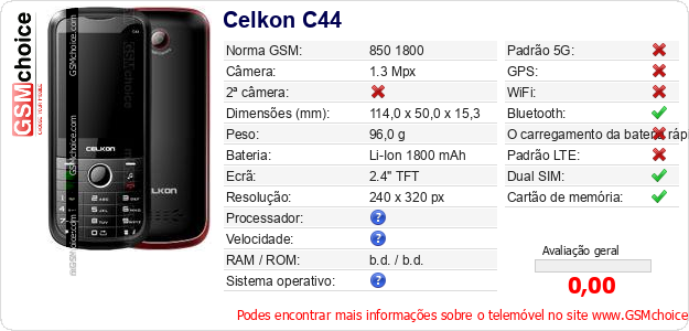 Celkon C44 Especificações técnicas do telemóvel Celkon C44 Especificações técnicas do telemóvel