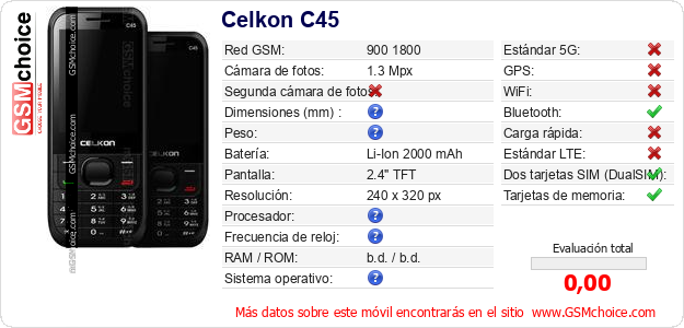 Celkon C45 Datos técnicos del móvil Celkon C45 Datos técnicos del móvil