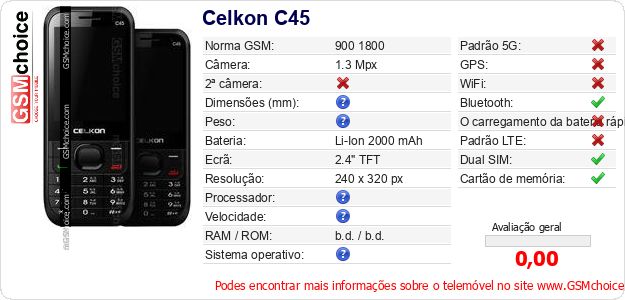 Celkon C45 Especificações técnicas do telemóvel Celkon C45 Especificações técnicas do telemóvel