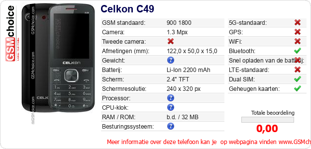 Celkon C49 Technische gegevens 