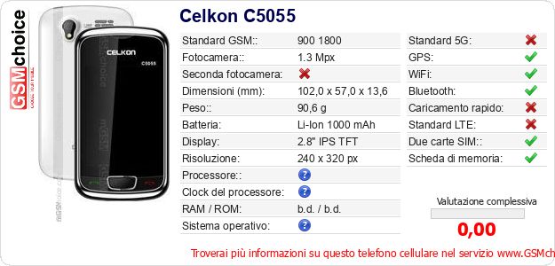 Celkon C5055 Dati tecnici di telefono cellulare Celkon C5055 Dati tecnici di telefono cellulare