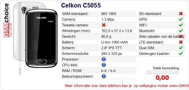 Celkon C5055 Technische gegevens Celkon C5055 Technische gegevens
