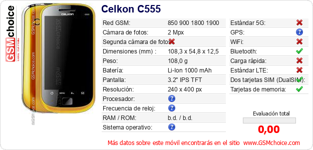 Celkon C555 Datos técnicos del móvil Celkon C555 Datos técnicos del móvil