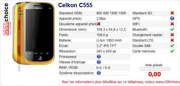 Celkon C555 Fiche technique Celkon C555 Fiche technique