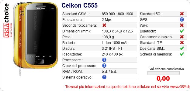 Celkon C555 Dati tecnici di telefono cellulare 