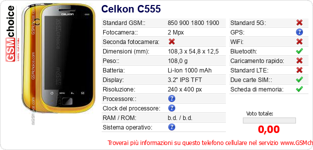 Celkon C555 Dati tecnici di telefono cellulare Celkon C555 Dati tecnici di telefono cellulare