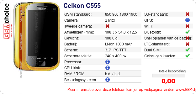 Celkon C555 Technische gegevens Celkon C555 Technische gegevens